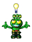 A rather strange image of a five-eyed little green alien with a lightbulb above his head.